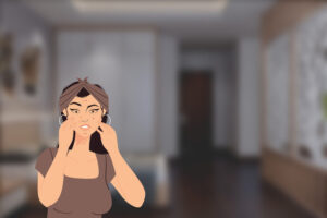 Alt Text: Woman with oily skin applying long-lasting makeup.