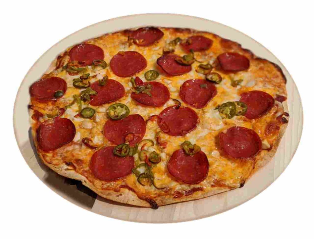 Slice of delicious pizza with melted cheese and toppings.