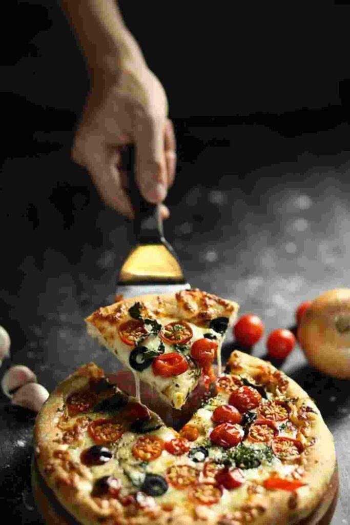Slice of delicious pizza with melted cheese and toppings.