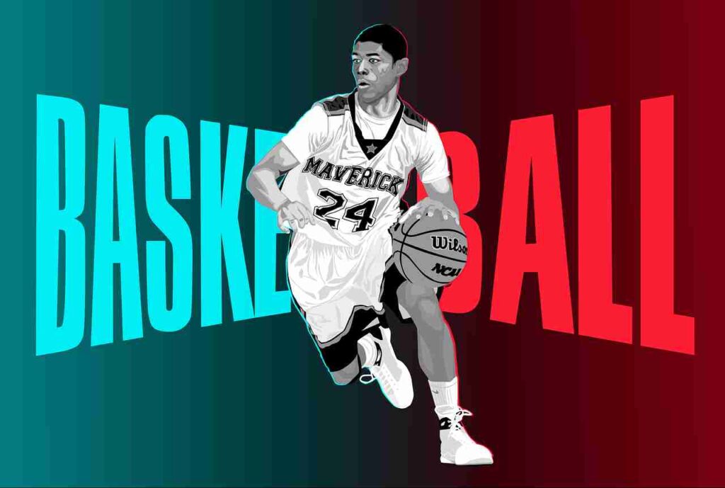 Basketball player scoring a layup.