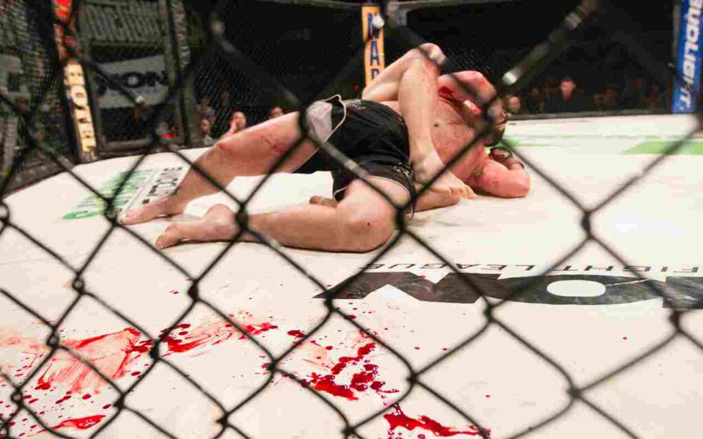 Two UFC fighters in intense battle inside the Octagon.