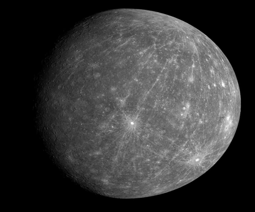 An artistic rendering of Mercury, the closest planet to the Sun, with its barren, cratered surface.