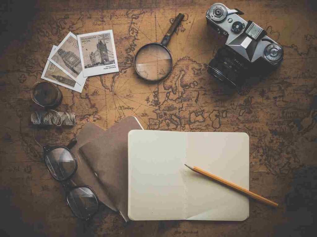 Map with travel essentials and sunglasses.