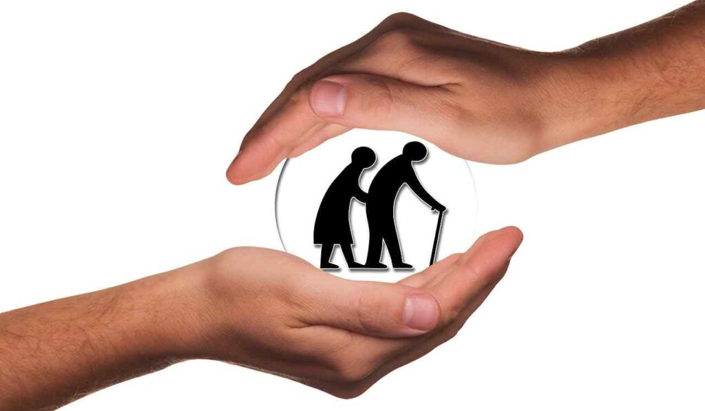 Elderly couple holding hands, symbolizing old age planning. growing old