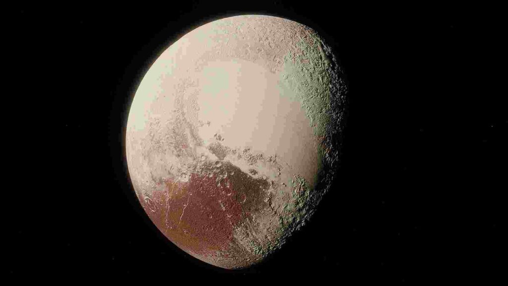 Image of Pluto, the dwarf planet, in space.