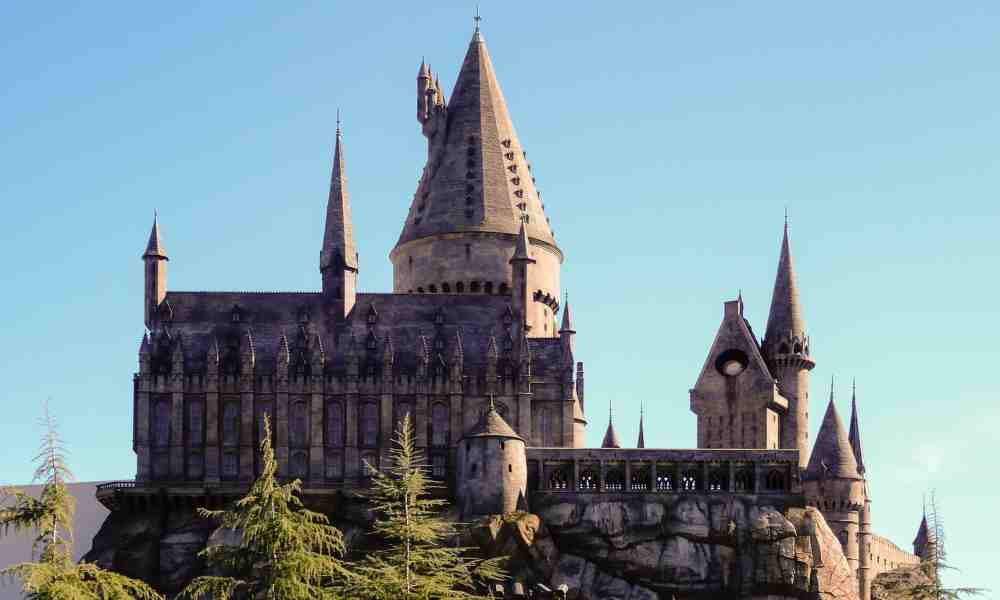 A magical view of Hogwarts Castle against a starry night sky.