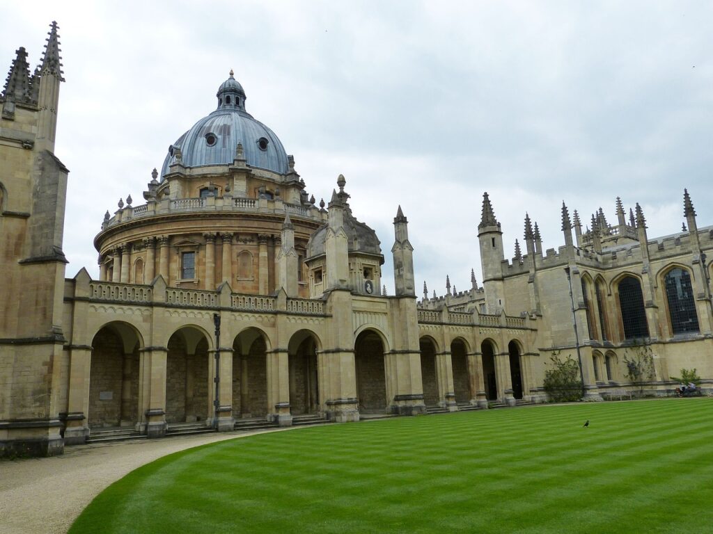 Iconic Oxford University building with spires.