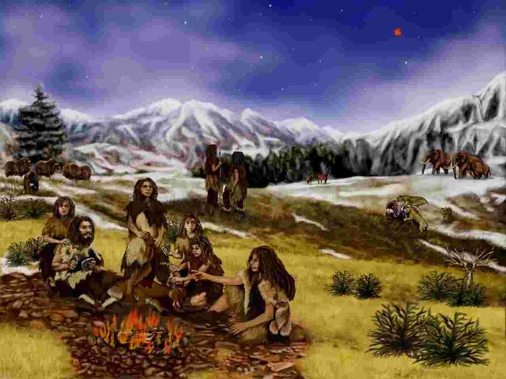 : "Illustration of Denisovan hominin and tools."