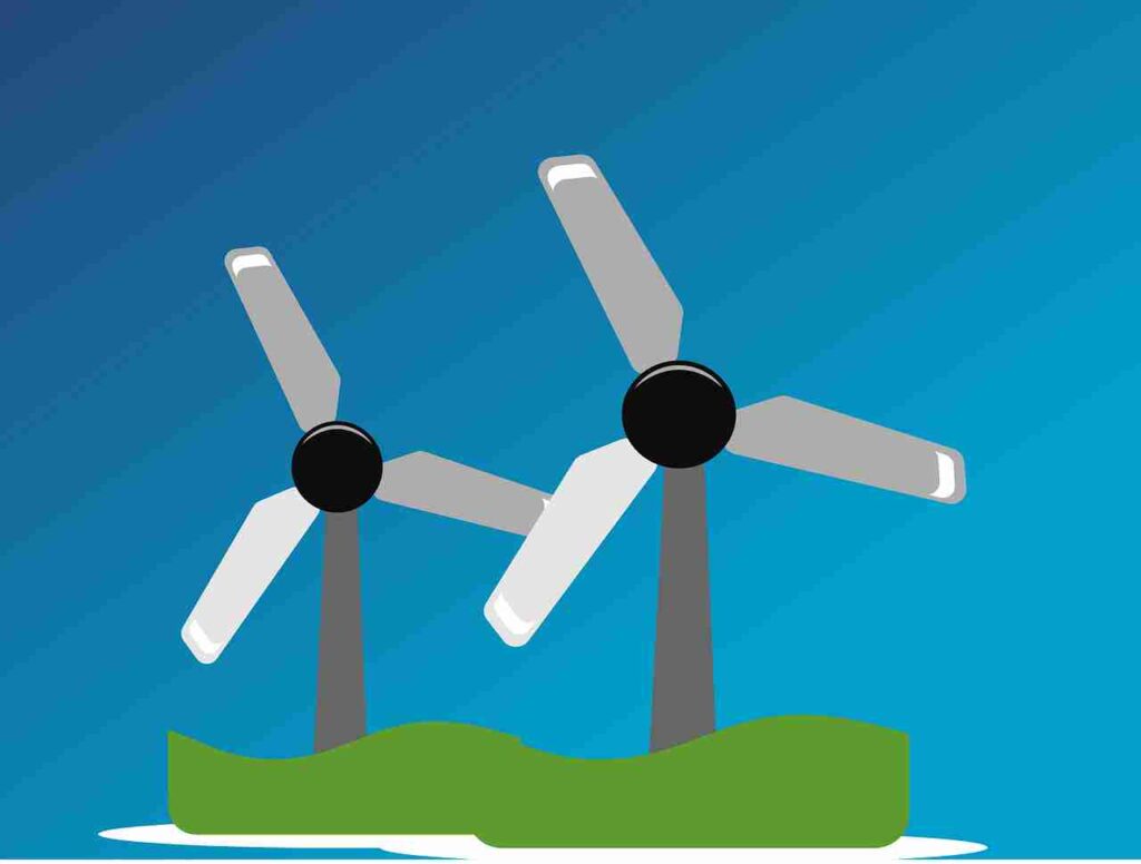 Solar panels and wind turbines, symbols of renewable energy solutions.