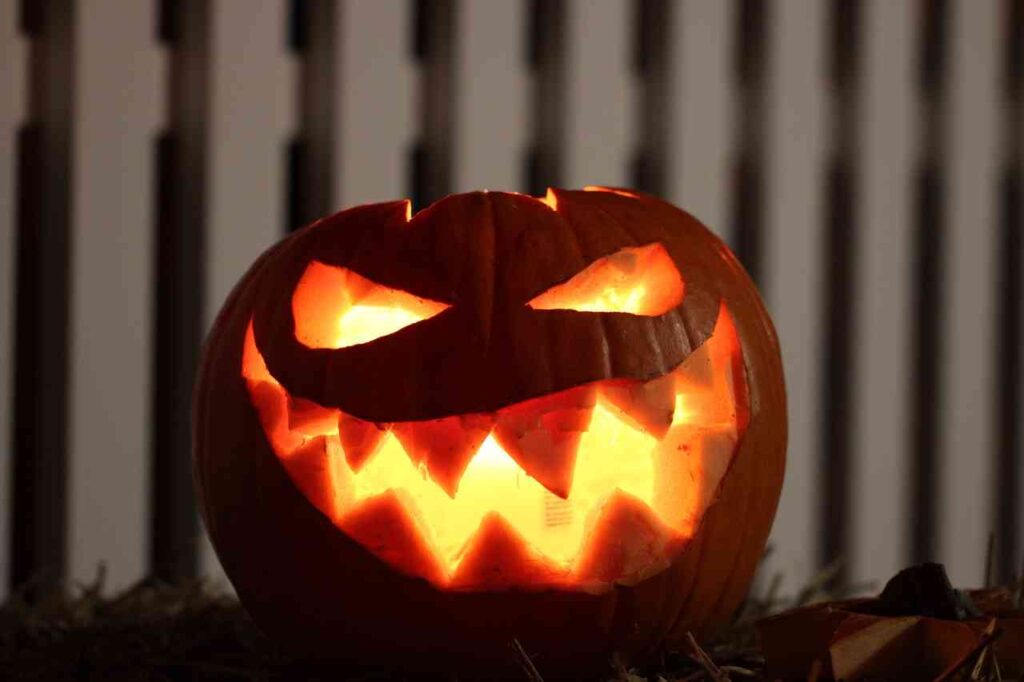 Spooky Halloween decorations, jack-o'-lanterns, and haunted house setup.