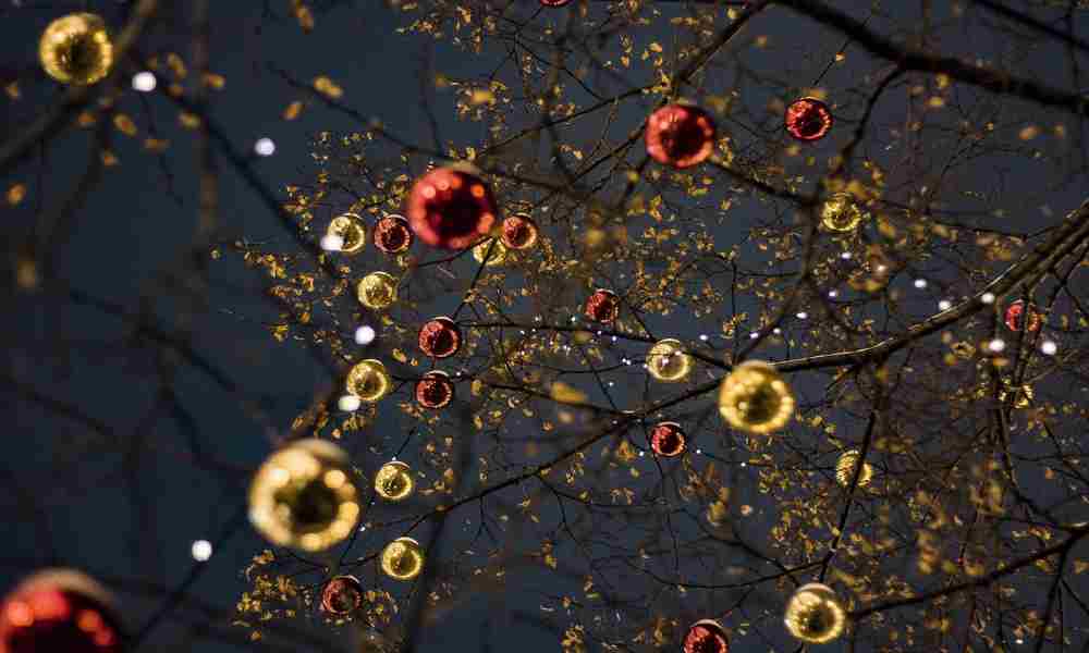 Christmas tree adorned with lights, ornaments, and a festive tree topper.