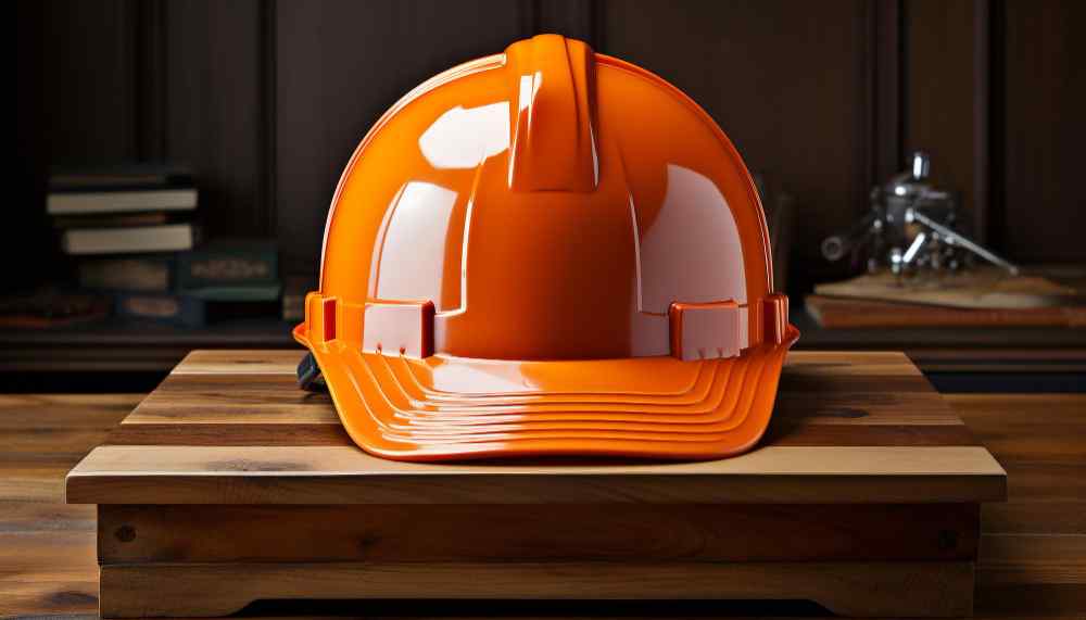 Close-up of a safety helmet with visible expiry date.