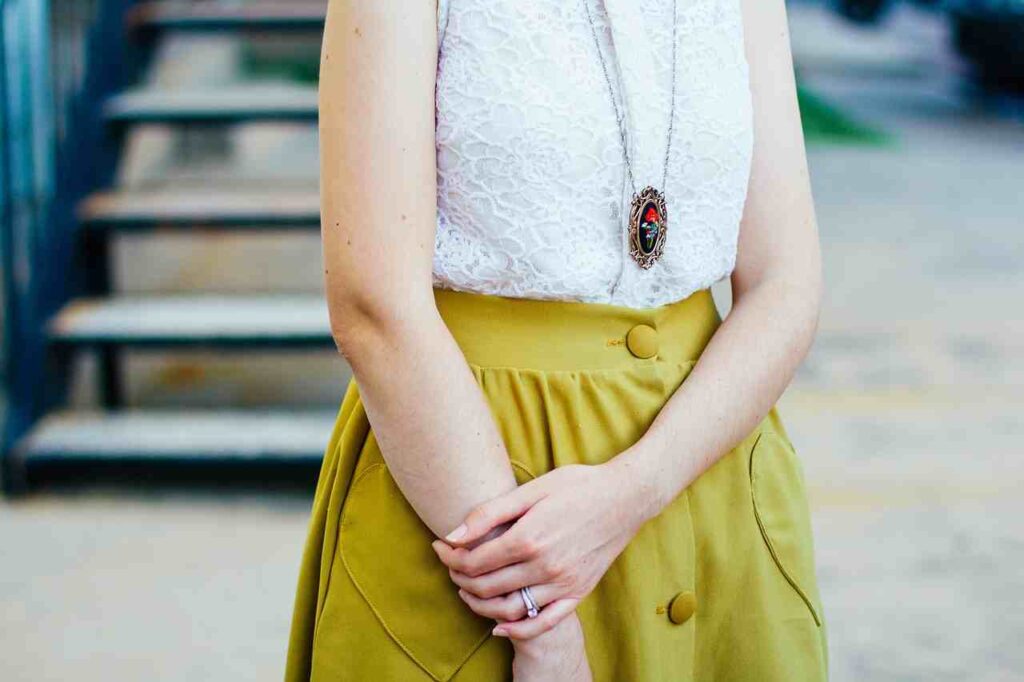 Illustration of women's clothing essentials including dresses, tops, and accessories.