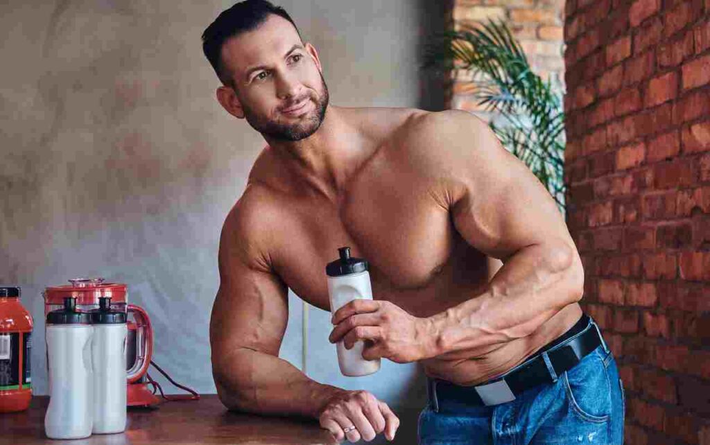 "Top 10 muscle gainers for fitness: diverse supplements in bottles."