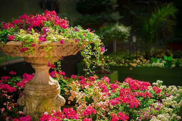 Small garden with vibrant flowers, decorative elements, and cozy seating.