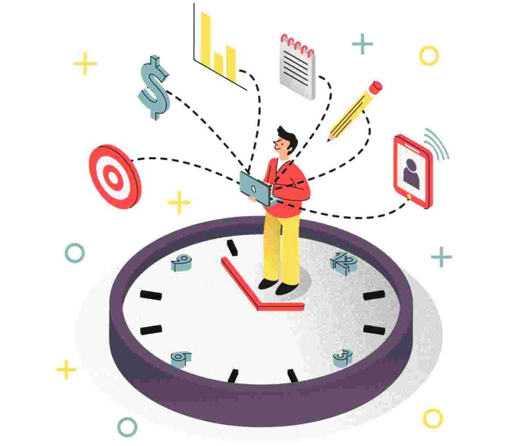 "Illustration of a clock surrounded by tasks, representing timeboxing productivity method"